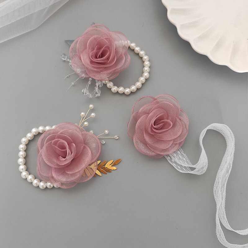 Ramillete de flores de muñeca de cristal de perlas, pulseras de boda de novia hermosa, regalos de joyería para niñas, dama de honor, mano de niña