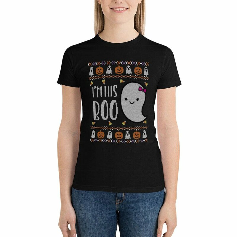 Hässlicher Halloween-Pullover, ich bin sein Boo Ghost T-Shirt Sommer Top weibliche Kleidung übergroße T-Shirt für Frauen
