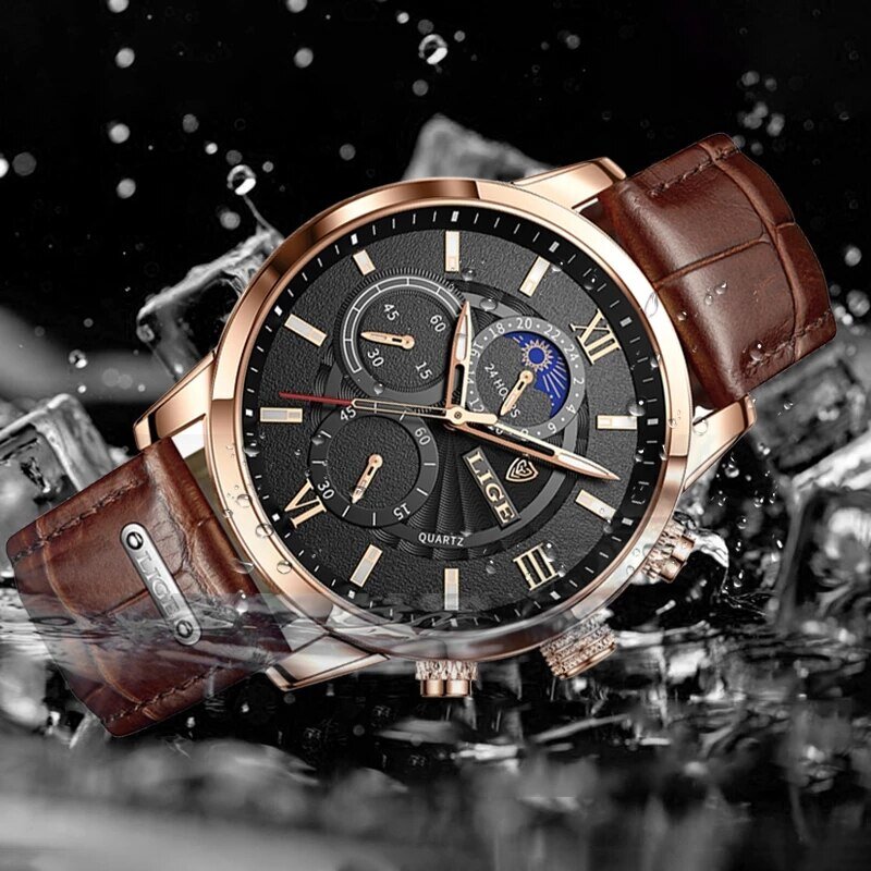 LIGE 2024 nuovi orologi da uomo Top Brand Luxury Brown Leather Casual orologio al quarzo da uomo Sport orologio impermeabile Relogio Masculino