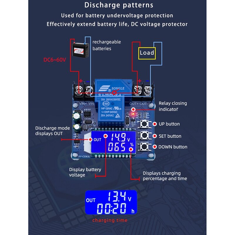 DC6-60V 30A baterai penyimpanan modul kontrol pengisi daya papan pelindung saklar waktu layar LCD XY-CD63L
