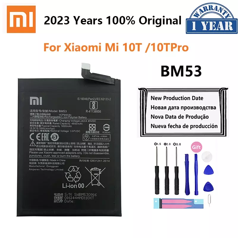 Bateria do telefone BM53 5000mAh para Xiaomi, baterias de substituição, Xiaomi Mi 10T Pro, 10TPro, 100% original