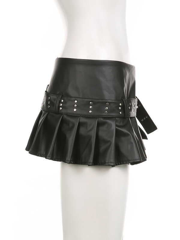 IAMSURE Sexy Slim A-Line Pleated Split Skirt With Sashes Solid Metal Buckle Low-Waisted Super Mini Skirts Women 2023 Summer