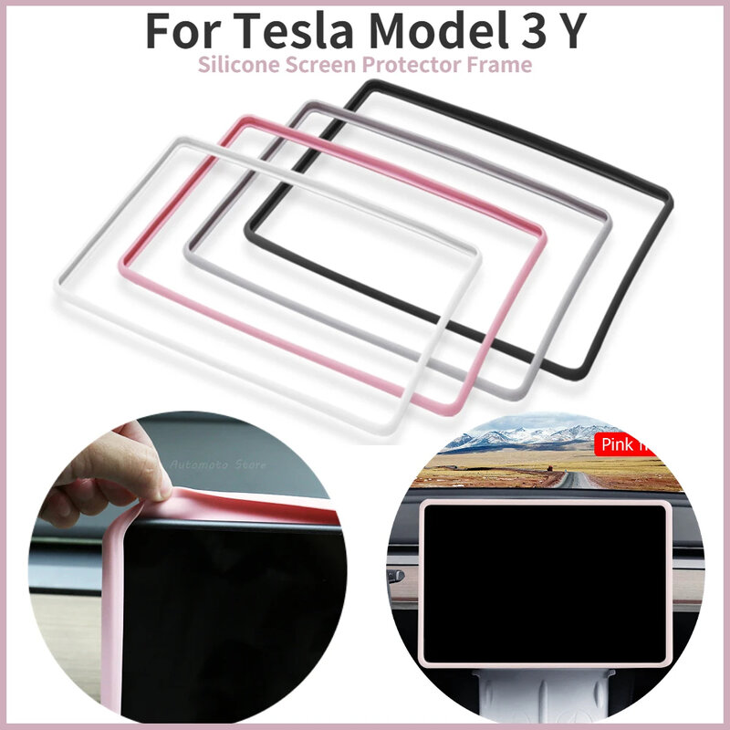 Cubierta embellecedora protectora de silicona para Tesla Model 3 Y, marco Protector de pantalla de navegación de Control Central, Negro, Rosa, blanco, gris