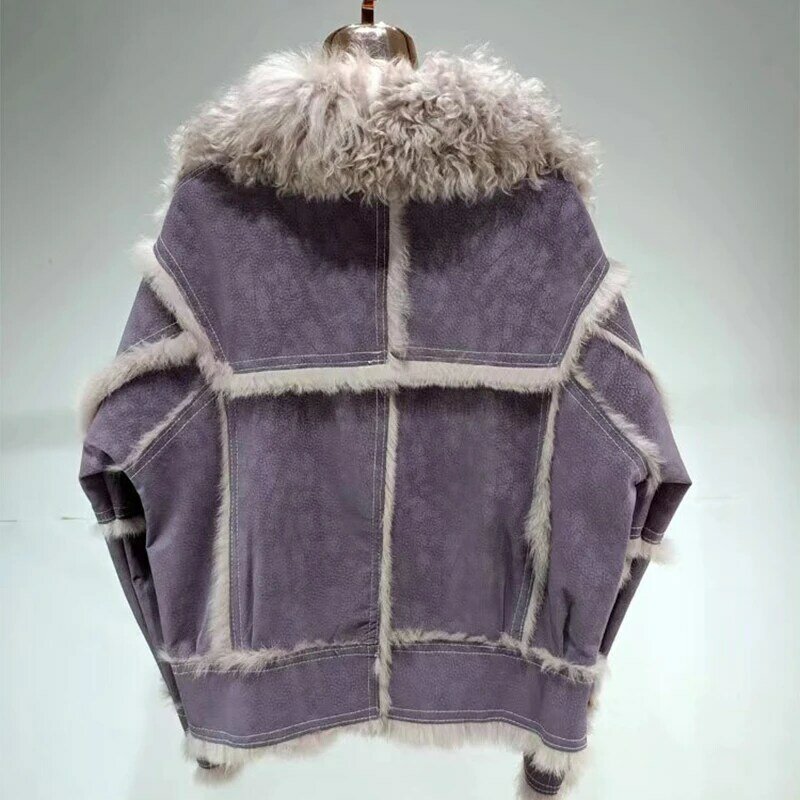 Jaket kulit domba wanita bulu gaya pendek Musim Semi dan Musim Gugur 2024, kain Suede berjemur dengan 100% lapisan kelinci alami, mode mewah