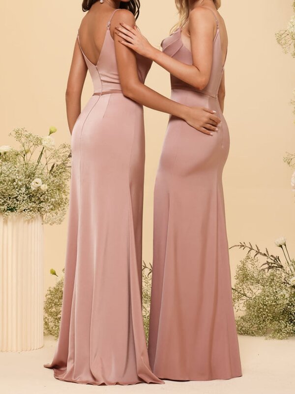 Satin Spaghetti Straps Bridesmaid Dress Plain Simple High Slit Backless Evening Dress Elegant Sleeveless Floor-Length Prom Gowns
