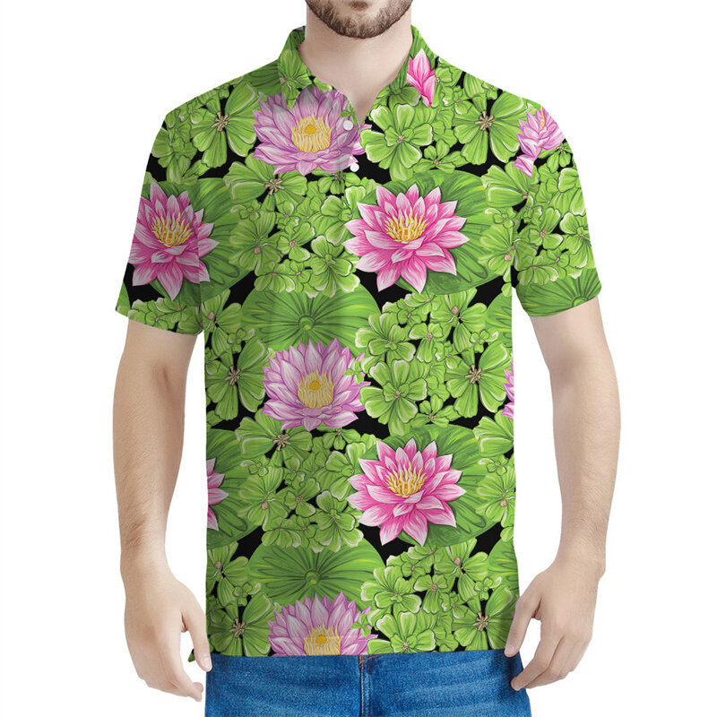 メンズリリーフローラルパターンポロシャツ、3Dプリント蓮花Tシャツ、カジュアルボタンシャツ、ラペル半袖、夏
