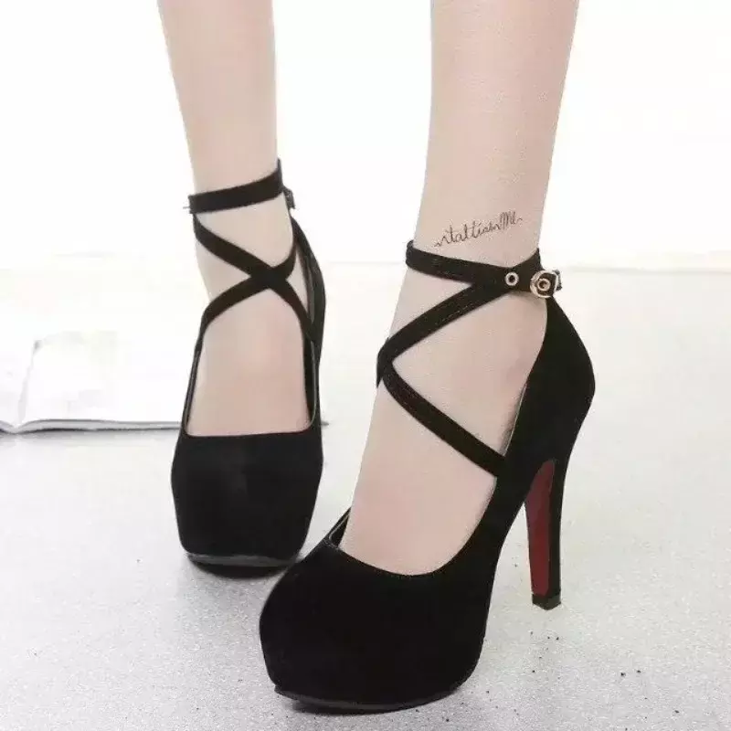 Fashion Solid Color Versatile Ultra-high Stiletto Heels Spring Autumn Style Buckle Strap Retro Round Toe Women's Shoes