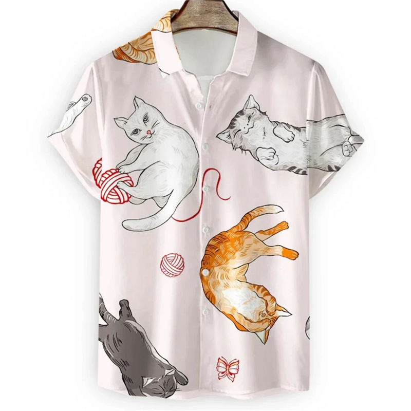 เสื้อฤดูร้อนผู้ชายผู้หญิงแฟชั่นการ์ตูนแมวลายพิมพ์แขนสั้นปุ่มขึ้นเสื้อเสื้อ