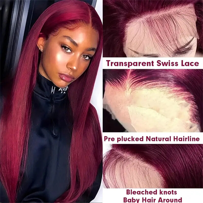 Peluca de cabello humano liso para mujer, postizo de encaje Frontal 13x4 HD, 99J color borgoña, 13x6, transparente, sin pegamento