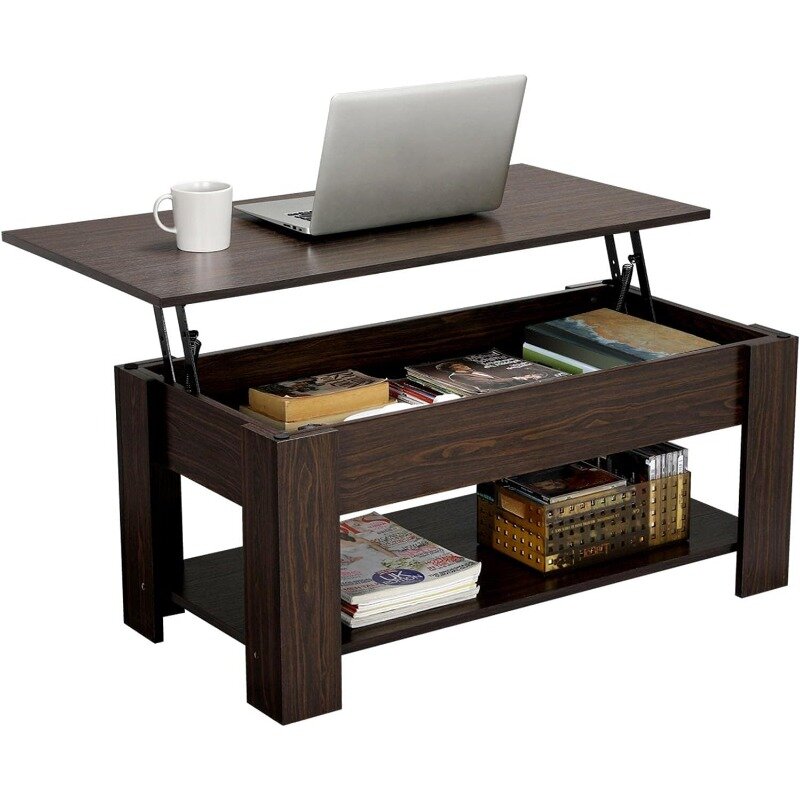 Lift Top Coffee Table with Hidden Compartment and Storage Shelf, Rising Tabletop Dining Table for Living Room Reception Room