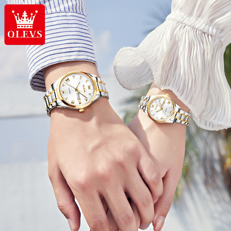 Мужские и женские часы OLEVS пара из нержавеющей стали водонепроницаемые светящиеся классические деловые кварцевые наручные часы для влюбленных его или ее