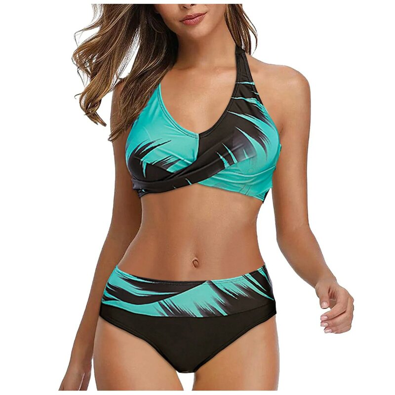 Damenmode Split Bikini mit hoher Taille bedruckt mit BH-Pads und ohne Stahl-BH Badeanzug Halfter Mode Strand Vertuschungen für Frauen