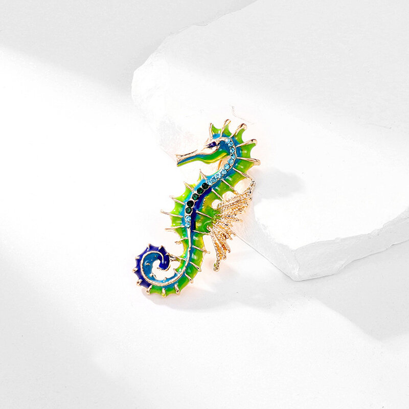 Vintage Enamel Rhinestone Seahorse Brooch Dripping Oil Animal Safety Pin For Women Man Casual Party Office Brooches Jewelry Gift