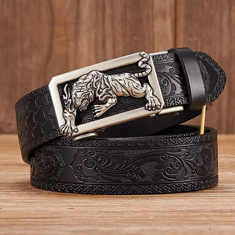 Fashion Tiger Buckle with Tang Grass Pattern Leather Belt for Men Work of Art Belt Automatic Buckle Business Belt