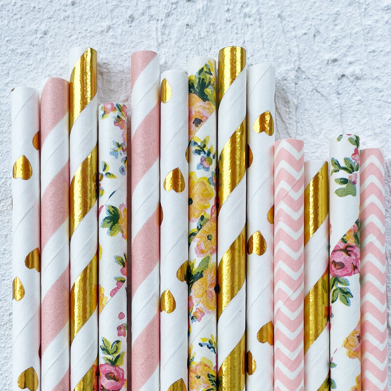 Garden flower Foil Gold/Silver Disposable Drinking Paper Straws Rainbow For Birthday Wedding Deco Christmas Party Event Supplies