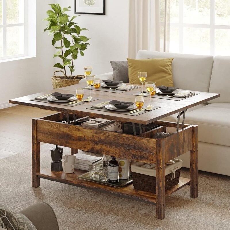 Mesa de café conversível multifuncional com armazenamento, mesas de jantar rústicas marrons, cadeiras, móveis, móveis 4 em 1, sala de estar
