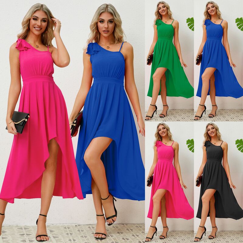 High Quality Women's Clothing 2024 Summer Temperament Bow Strap Irregular Dress Diagonal Collar Pleated Long Dress Vestidos Y2k
