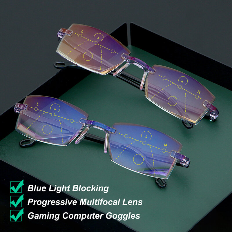 Kacamata Baca Bifokus Progresif Potongan Berlian Baru Kacamata Pria Tanpa Bingkai Kacamata Multifokal Pemblokir Cahaya Biru