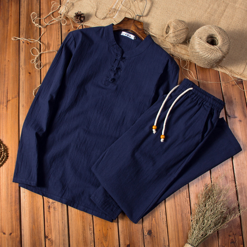 (Camisa + Pantalones) camisa de estilo chino de primavera para hombre, camisas de algodón y lino, camisas casuales para hombre, un conjunto de ropa de talla