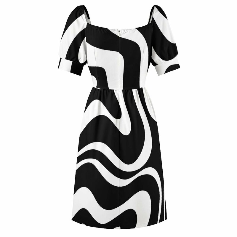 Gaun pantai wanita tanpa lengan, Gaun Retro Modern pola abstrak persegi hitam dan putih