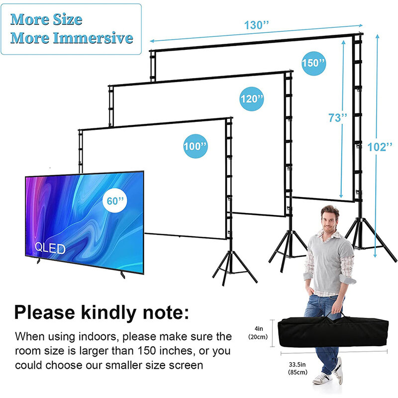 VEIDADZ Projector Screen With Stand White Wrinkle-Free 160° Viewing Angle 60-150 inch Double Sided Screen Home Theater Outdoor