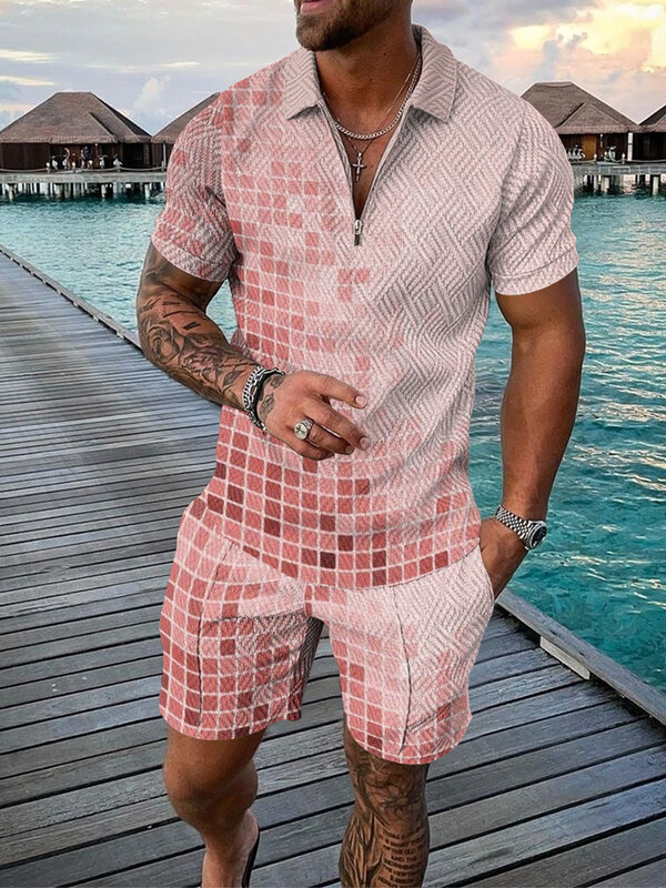 Sommer Lässige Anzug Zipper Polo Hemd Übergroßen 2 Stück Sets für Männer Geometrische Gedruckt Mode Outfits Männer