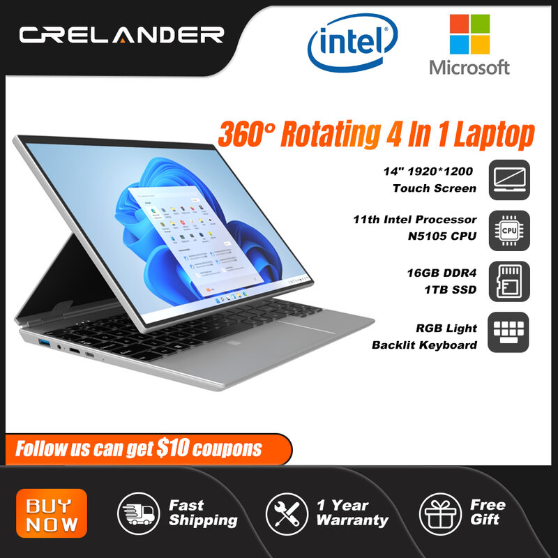 Crelander-ポータブルラップトップノートブック、2in 1、intel n5105プロセッサー、14インチタッチスクリーン、360度回転ram、16GB