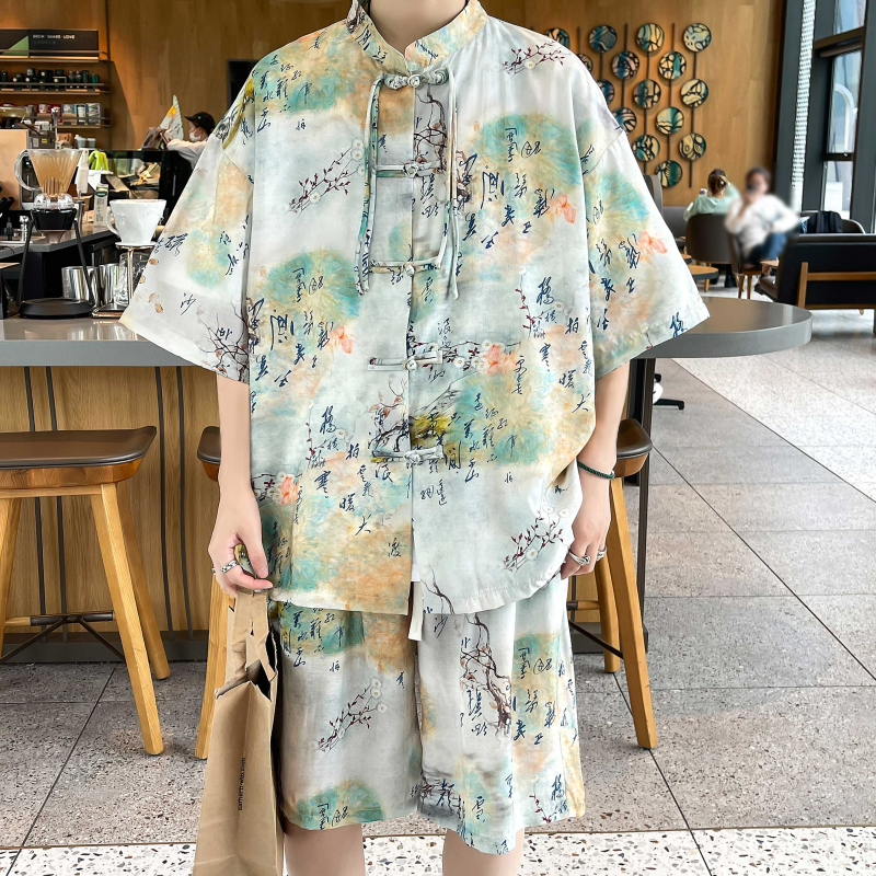 Completi estivi da uomo Streetwear camicie a maniche corte stampate a quadri + pantaloncini abbigliamento sportivo da uomo in stile cinese traspirante 2 pezzi abiti