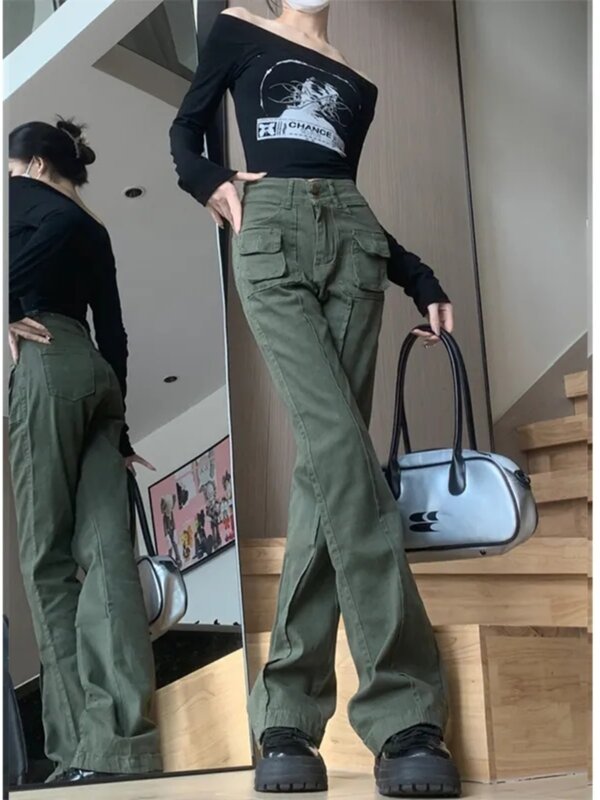 กางเกงยีนส์ทรงคาร์โก้สตรีสีเขียวทหารกางเกงยีนส์ทรงหลวมสไตล์ฮาราจูกุกางเกงยีนส์ขาบานกางเกงยีนส์ Y2k 90s สวยงามวินเทจ2000s เสื้อผ้า2024