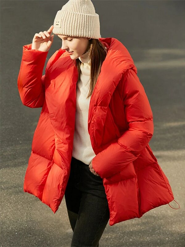 AMII 미니멀리즘 2022 경량 후드 다운 코트, 화이트 덕 다운 재킷, 여성 따뜻한 패션, 긴 의류 12120285, 겨울 신상