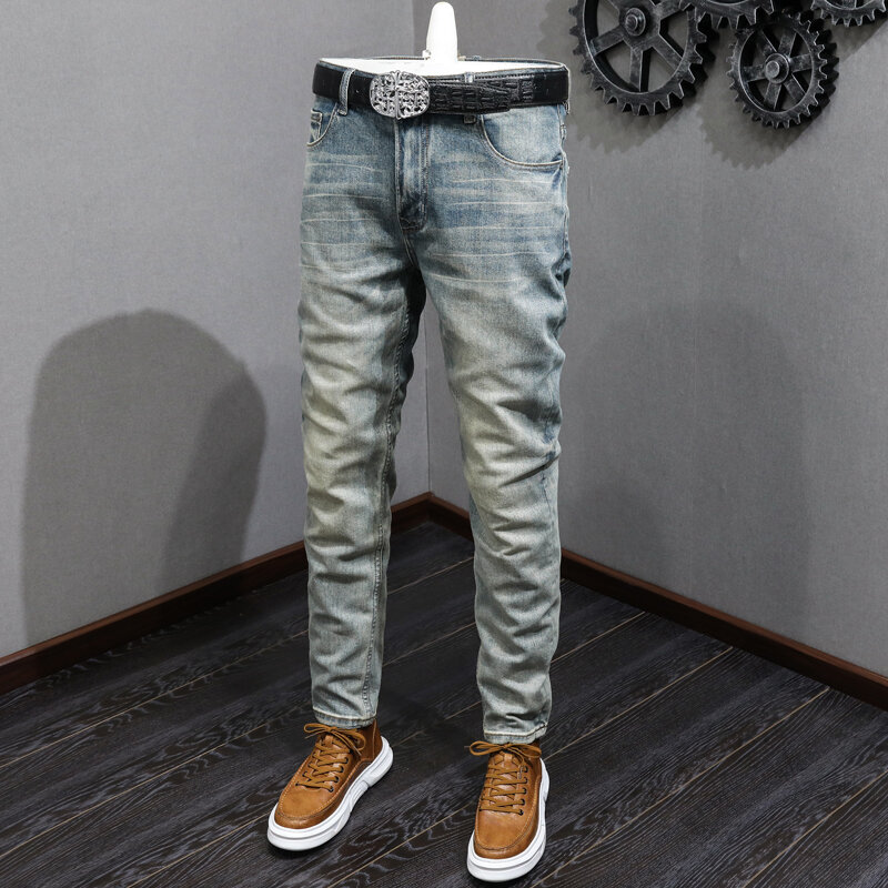 Projektant mody męskie jeansy wysokiej jakości niebieskie w stylu Retro rozciągliwe dopasowanie Fit porwane jeansy męskie elastyczne spodnie Vintage casualowe spodnie jeansowe