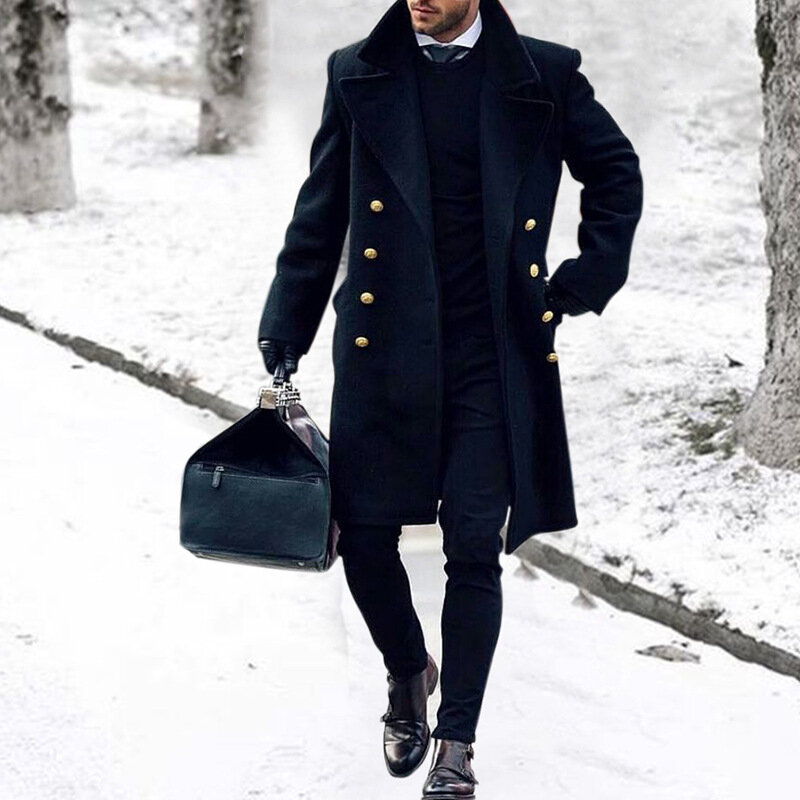 Jaket pria longgar warna polos, mantel kerah musim gugur musim dingin dengan pakaian wol lengan panjang Single Breasted