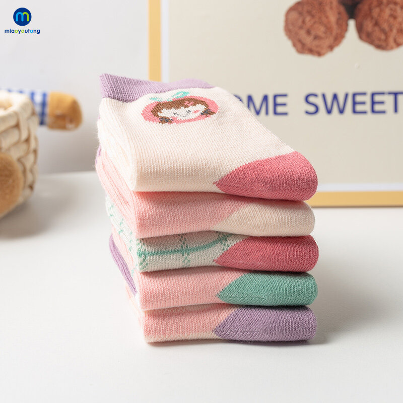 5 Pairs/Lot Strip Cotton Knit Warm Children's Socks For Girls New Year Socks Kids Women's Short Socks Baby Newborn Miaoyoutong