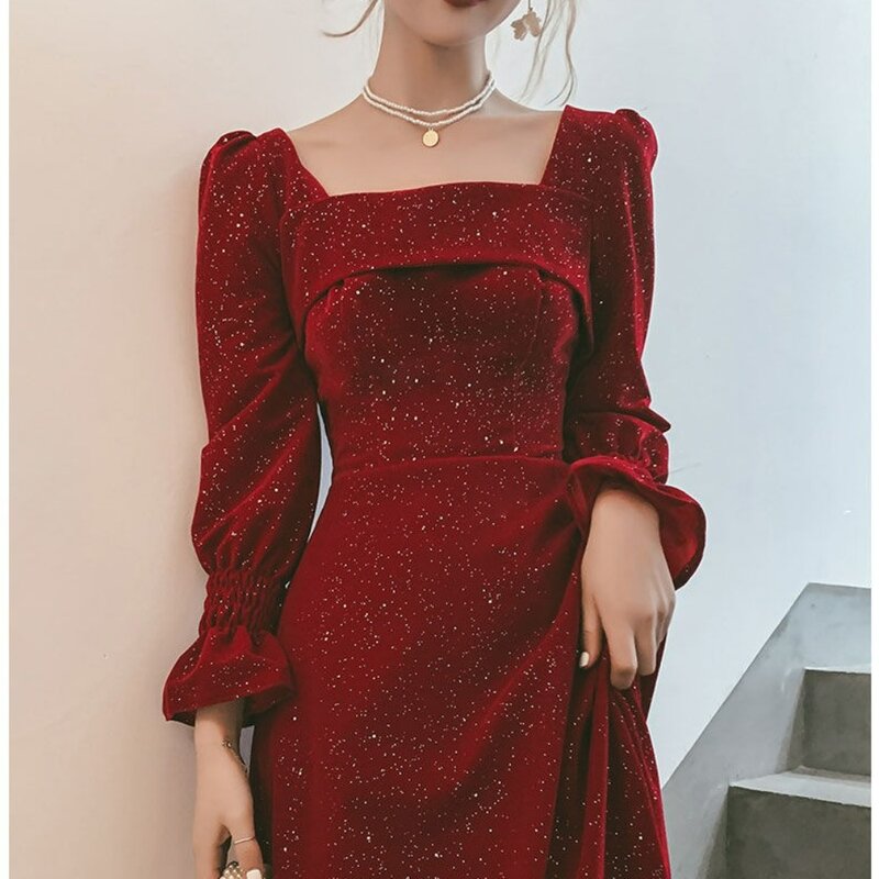 Gaun panjang merah musim gugur dan musim dingin wanita Vintage kerah persegi gaun acara Formal gaun pesta malam pernikahan