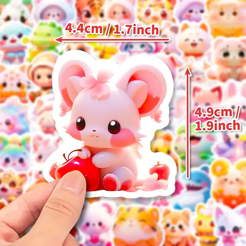귀여운 핑크 만화 3D 동물 그래피티 스티커, 미적인 PVC 어린이 장식 스케치북 스크랩북, 50 개