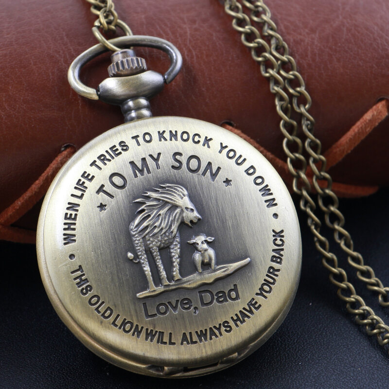Lion To My Son-Reloj de bolsillo de cuarzo Steampunk para hombre y mujer, con caja de bronce, collar con colgante, cadena, regalo de Navidad