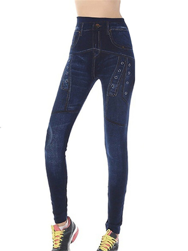 CUHAKCI сексуальные леггинсы пуш-ап из искусственной джинсовой ткани эластичные женские леггинсы с высокой талией спортивные штаны для тренировок бега фитнеса тренажерного зала
