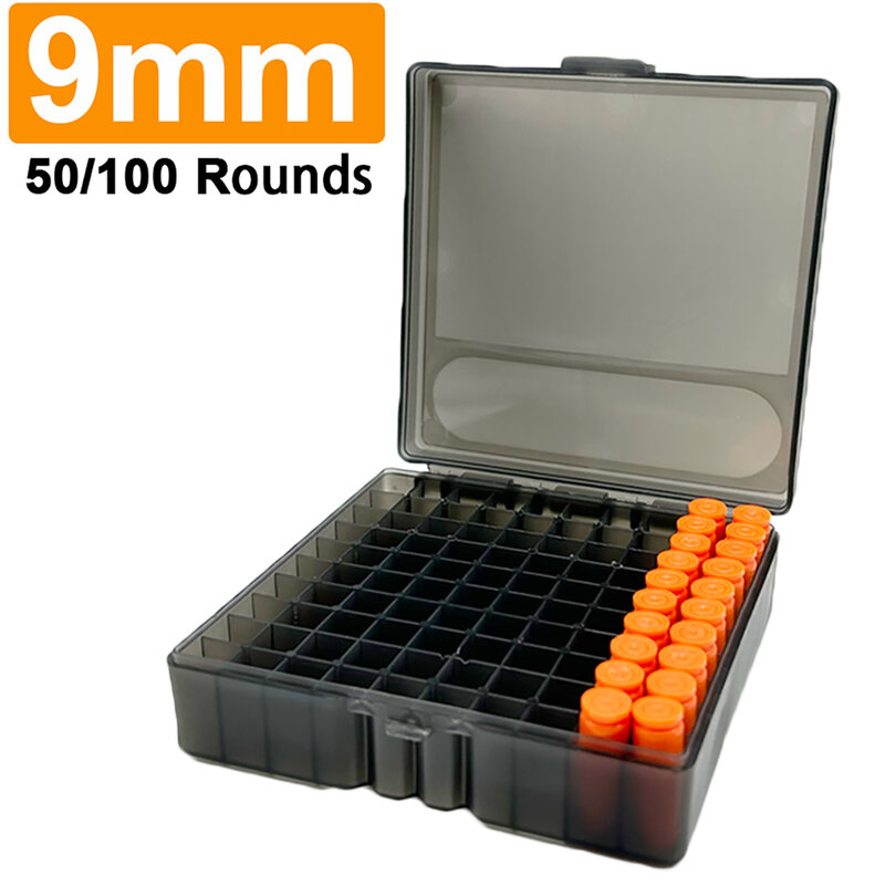 50/100 Rounds Bullet Box Gun Cartridge Shell Holder Portable Ammunition Box Flip-Top for 9mm .223 .38 Ammo Hunting Accessories