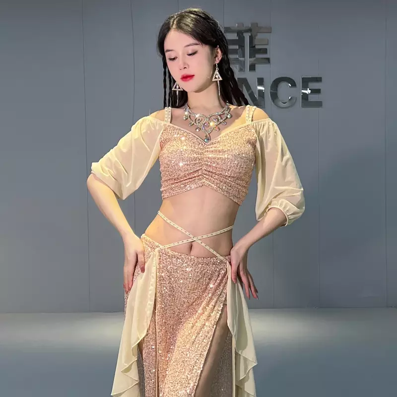 Belly Dance Costume Set for Women Short Sleeves Top+split Long Skirt 2pcs Oriental Professional Set Belly Dancing Wear Outfit