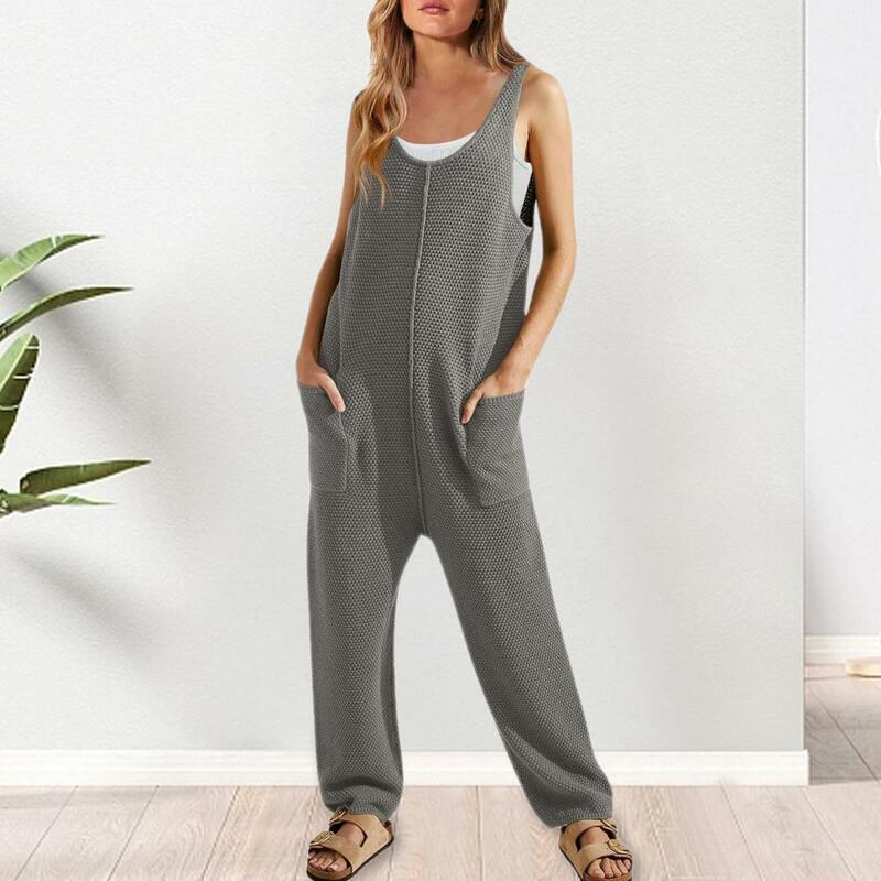 Wide Leg Jumpsuit Stylish Summer Women's Jumpsuit with U Neck Design Side Pockets Chic Ankle Length Wear Outfit for Women Women