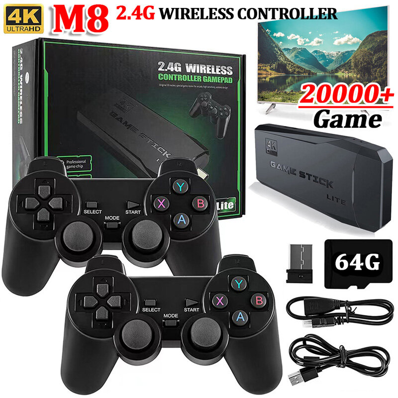 Consola M8 Game Stick 4K Linux OS TV, más de 10000 juegos integrados, 2,4G, mango inalámbrico Dual, 64GB, juegos 3D para PS1 SFC