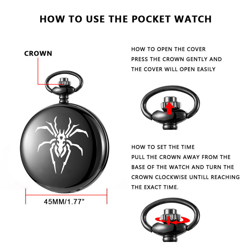 Spider Pattern Design Quartz Necklace Pocket Watch Casual Chain Pendant Watches Gift for Boys and Girls reloj de bolsillo