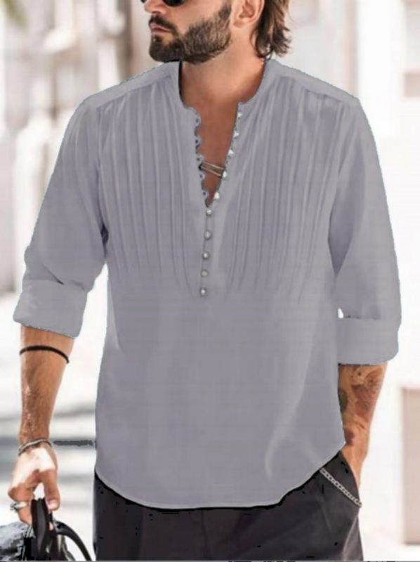 Рубашка мужская с завязками на пуговицах, блуза из хлопка и льна, складная сорочка с длинными рукавами, Повседневная сорочка, однотонная, 2024