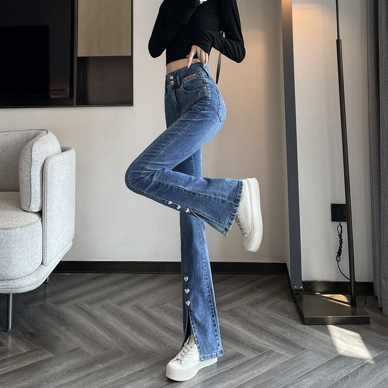 High-waisted Jeans Women's Autumn New Slim Fit High Y2k Trousers Slit Retro Blue Mopping Pants Street Flared Jeans Free Shipping