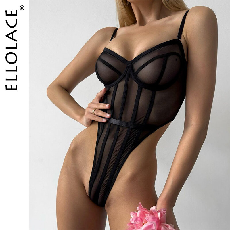 Ellolace-بدلة ضيقة من الدانتيل باللون الأسود ، قطعة واحدة ، دانتيل شفاف ، رؤية من خلال ، تركيب محكم ، قطع عالية ، لباس ضيق للجسم للياقة البدنية