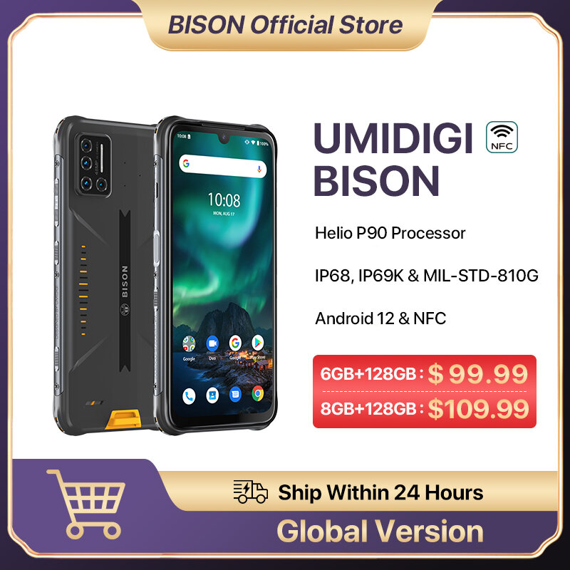UMIDIGI BISON SmartphoneTelefone Inteligente IP68/IP69K wodoodporny wytrzymały telefon czterokanowy aparat matrycowy 6.3 "FHD + Display128GB