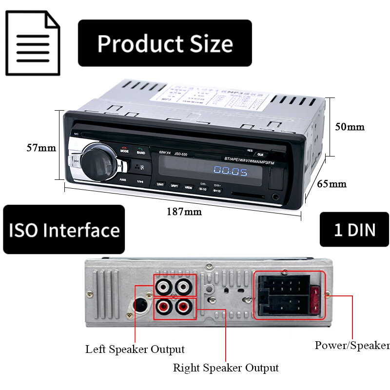 เครื่องเล่นวิทยุระบบสเตอริโอ1 DIN ในรถยนต์เครื่องเล่น MP3ในรถยนต์แบบดิจิตอลบลูทูธวิทยุ FM 60Wx4เสียงเพลงสเตอริโอ USB/SD พร้อมอินพุตสำหรับ Dash Aux
