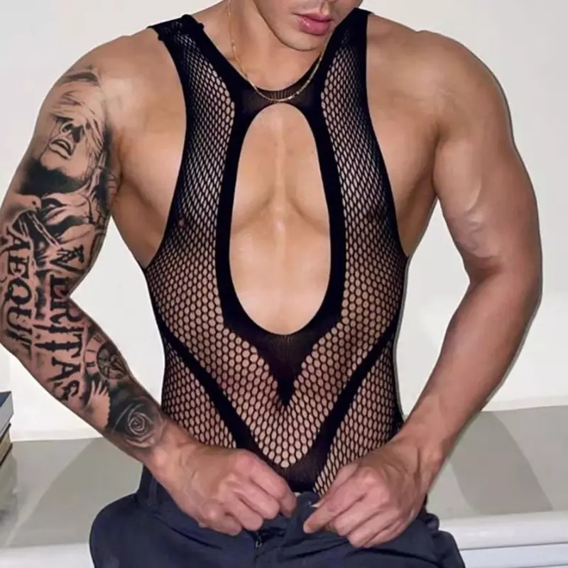 Heren Ultradunne Zwarte Erotische Lingerie Sexy Nachtkleding Homme Transparant Mesh Kant Doorzichtig Vest Kousen Panty Onesie