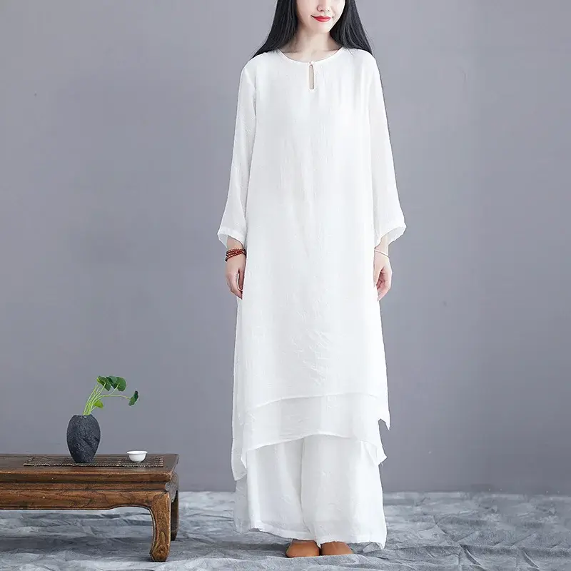 Conjunto casual zen branco simples para mulheres, top longo, calça larga de perna, duas peças, estilo chinês, estilo étnico vintage, roupas Harajuku