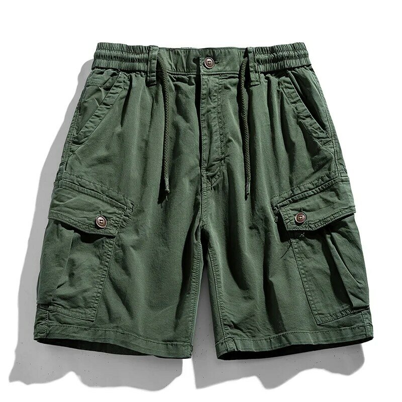 Summer Men Cargo Cotton Multi Pocket Shorts Pants Mens Casual Solid Spring Elastic Waist Beach Jogger Shorts Male Dropshipping